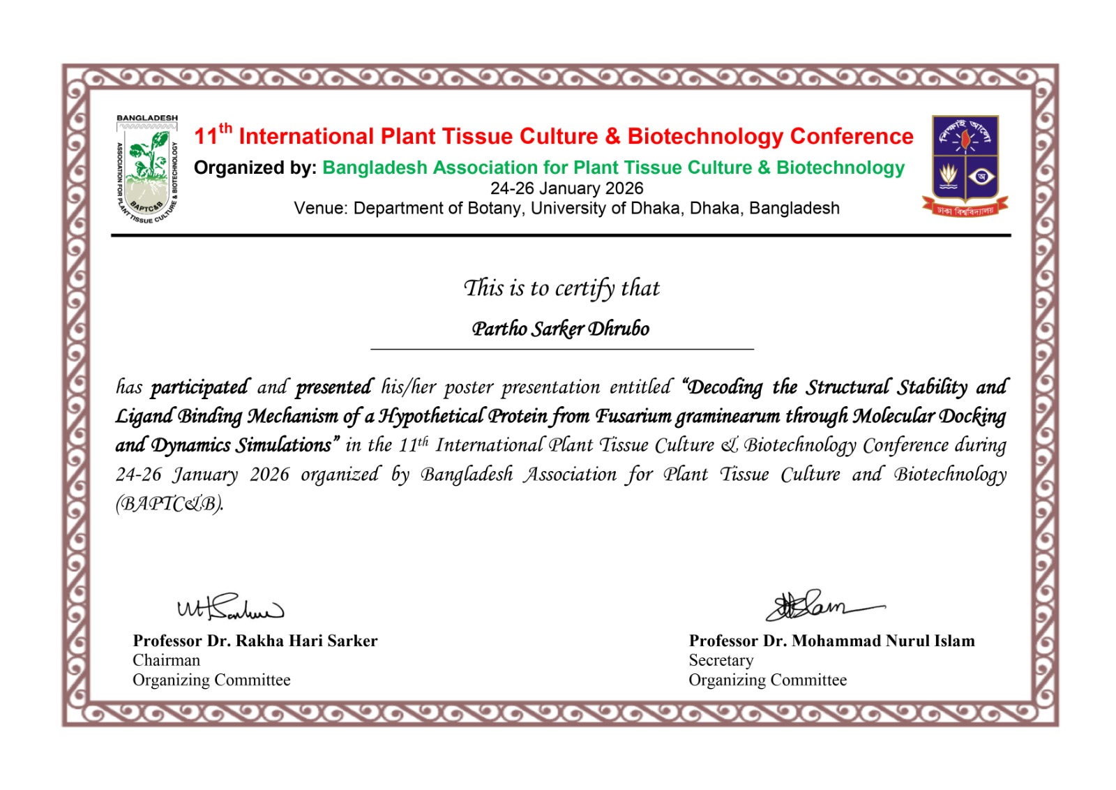 Certificate · 11th PTC&B Conference